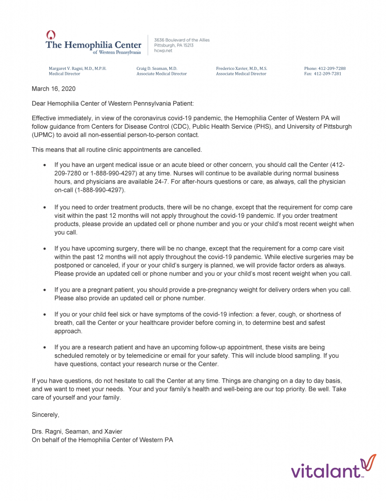 Letter from the Hemophilia Center of Western PA - Western PA Bleeding ...