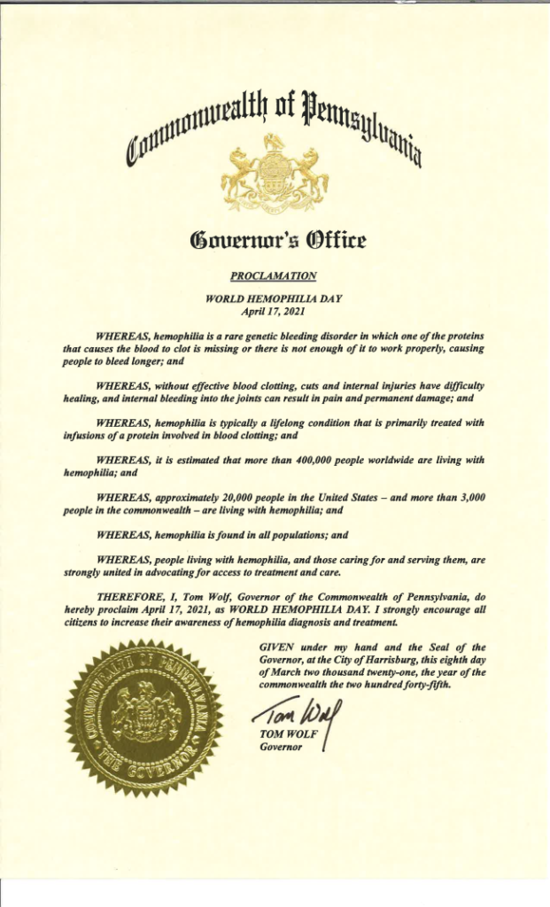 Governor Wolf Proclaims April 17, 2021 World Hemophilia Day in PA ...